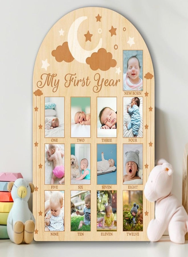 ORIGACH My First Year Baby Growth Photo Display Wood Board - 12 Months Newborn Milestones Photo Board - Neutral Baby Keepsake Frame 1st Birthday Party Nursery Decor New Mom Gift - Moon Star & Cloud - Image 5